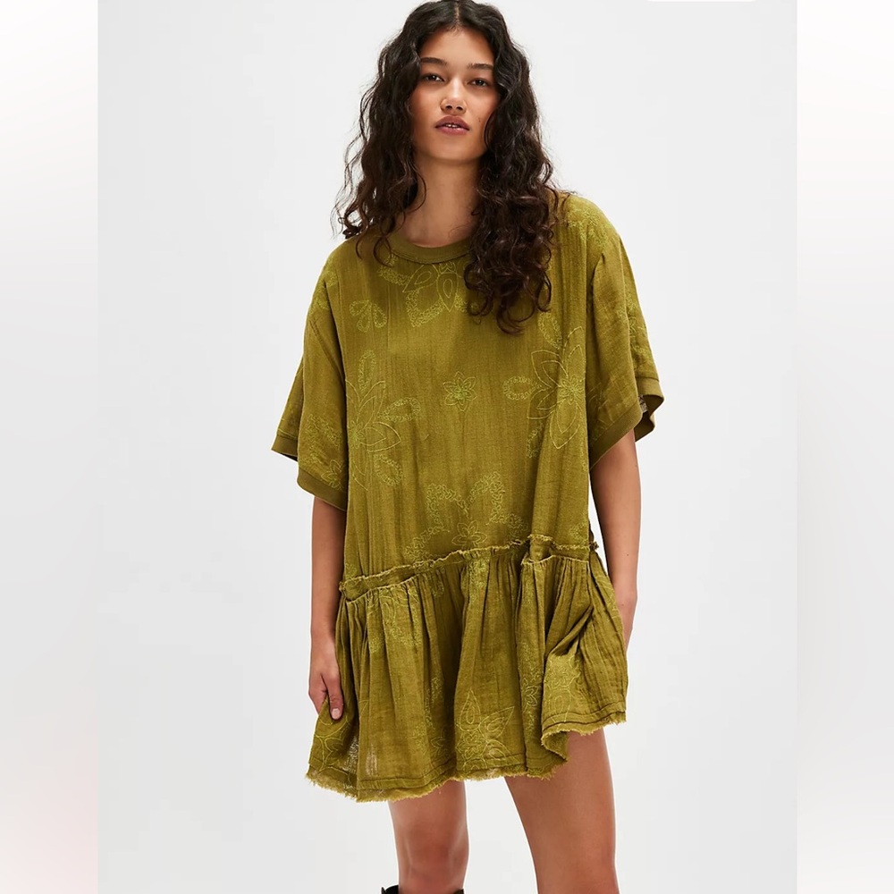 NWOT Free People Picking Petals Embroidered Mini Tunic Dress in Cardamom Seed XS